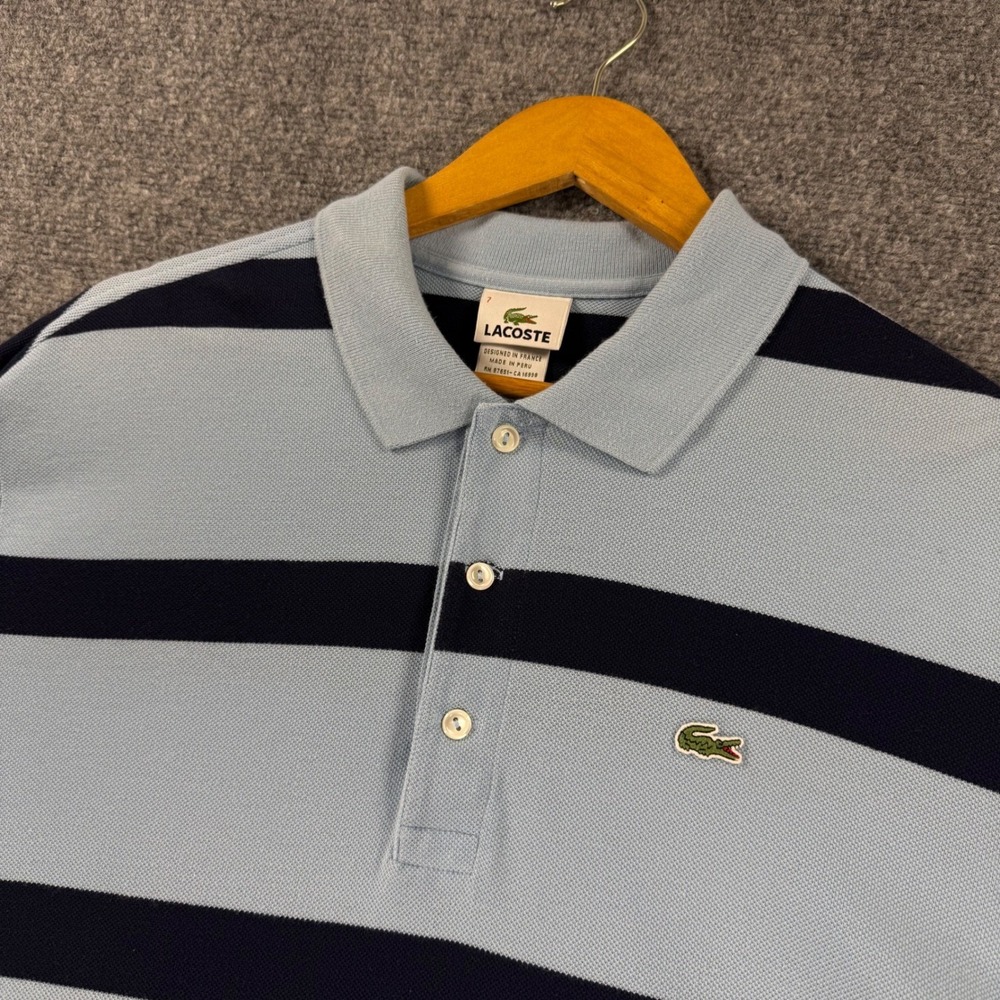 Lacoste Striped Pique Polo Shirt Mens 7 XXL Blue Navy Cotton Short Sleeve